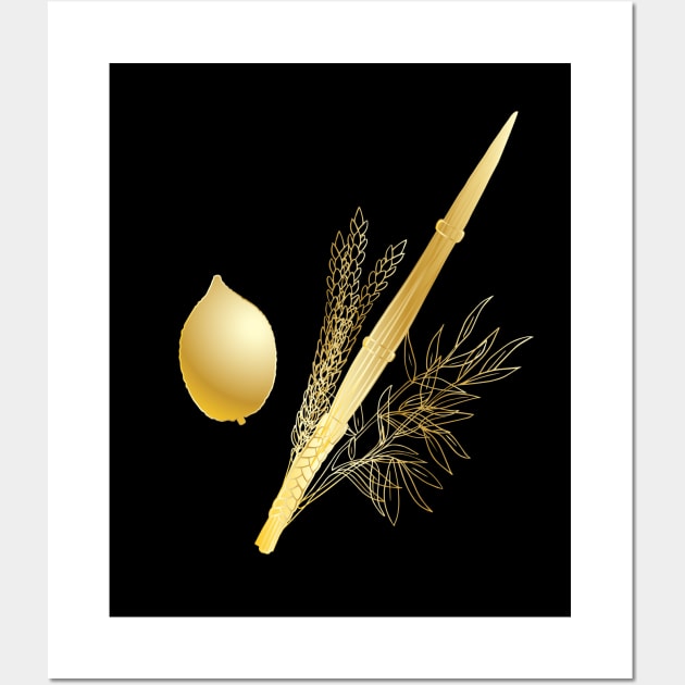 Happy Sukkot Lulav and Etrog Sukkah Leaves Jewish Holiday Gold Vintage Collection Shanah Tova Wall Art by sofiartmedia